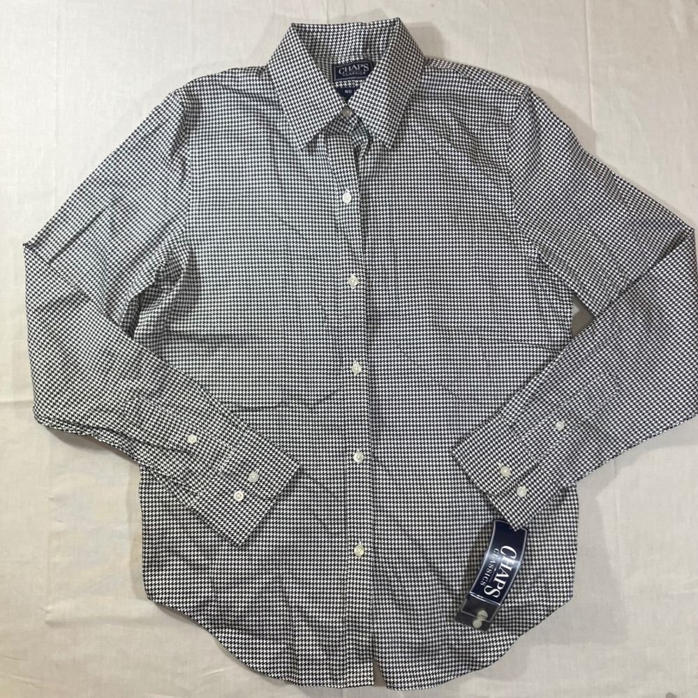 Chaps Classics Womens XS Black White Houndstooth No Iron 100% Cotton Button Down